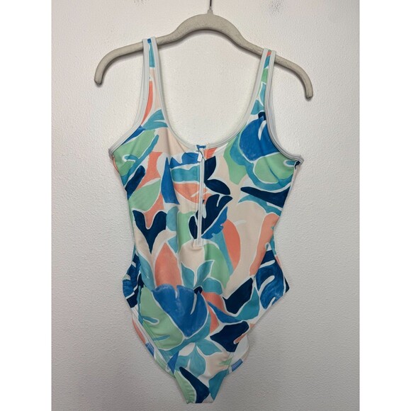 Old Navy Medium Half Zip Floral Swim Suit Blue One Piece High Leg Scoop Back - Picture 3 of 13